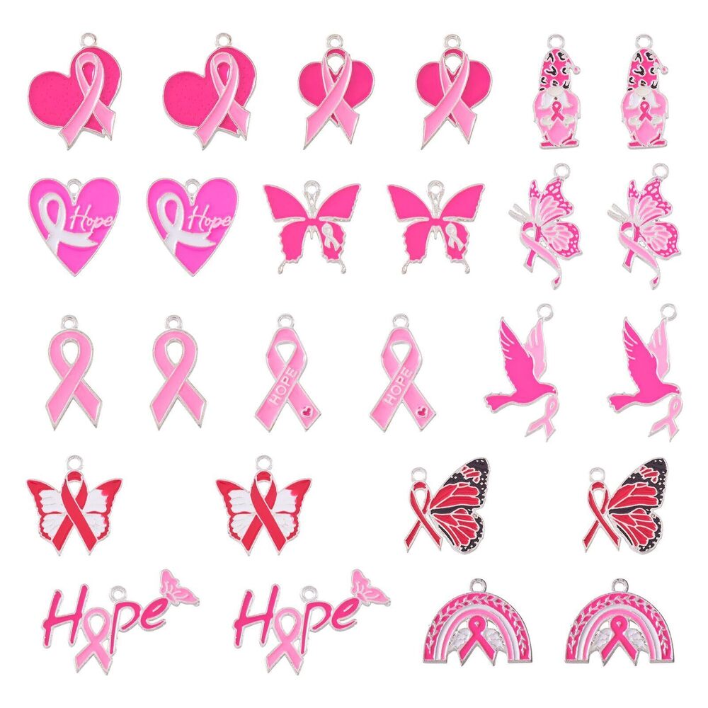 3813 26pcs Breast Cancer Pink Awareness Ribbon Pendants Butterfly Heart